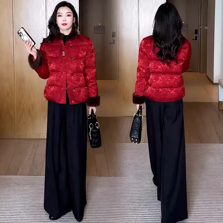 新中式国风提花毛领棉服女2025冬季新款洋气加厚保暖盘扣棉袄外套