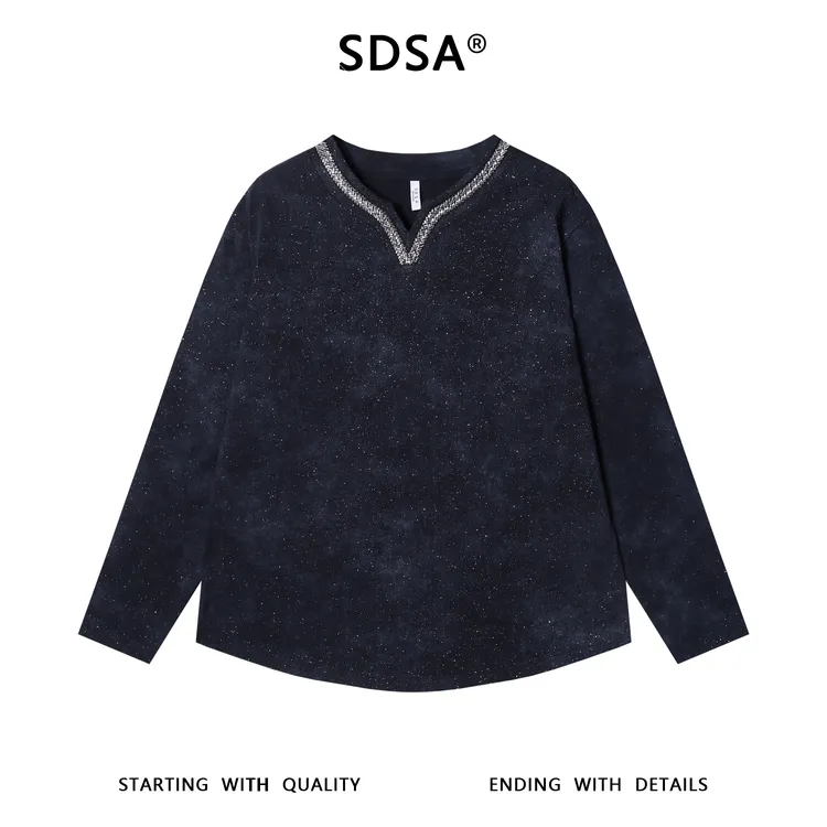 SDSA男士秋冬新款痞帅男装满天星镶珠子V领长袖T恤重工时尚上衣