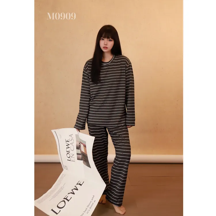 深灰白色条纹爱心网红ins风睡衣女2025年春秋季新款家居服套装