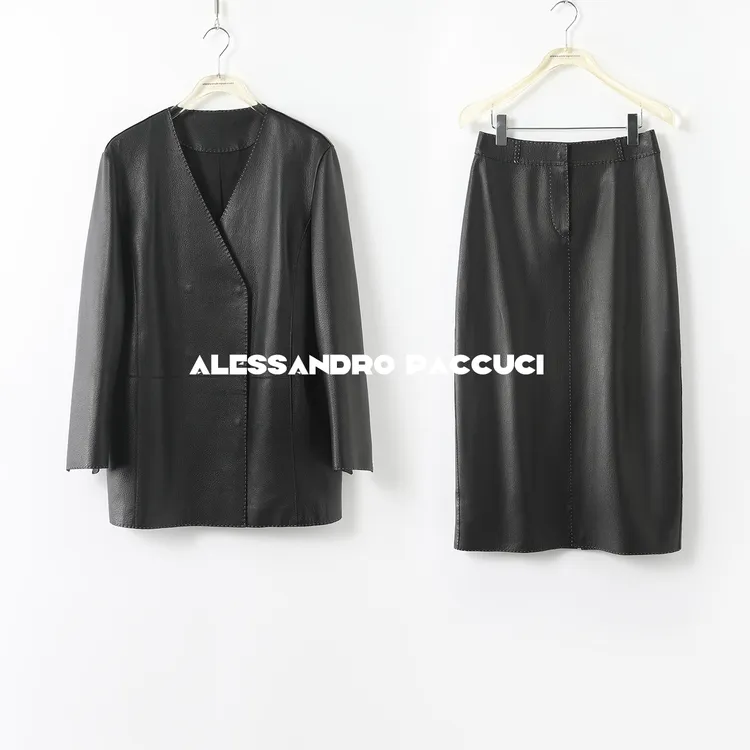 AP洛哥24849X【黑标系列】进口羊皮鳄鱼纹 极简时尚无领皮衣/半裙