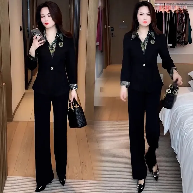时尚套装女2025新款秋季新款收腰显瘦假两件长袖上衣阔腿裤两件套