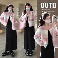 孕妇套装2025秋冬新款韩版宽松条纹外套百褶背心裙孕妇毛衣孕妇装