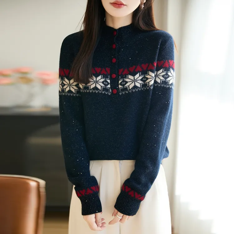 正品2025冬季新款半高领小开襟提花长袖针织衫洋气休闲减龄设计感