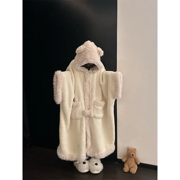 甜美可爱毛绒连帽睡袍睡衣女冬季新款家居服加厚保暖家居服可外穿
