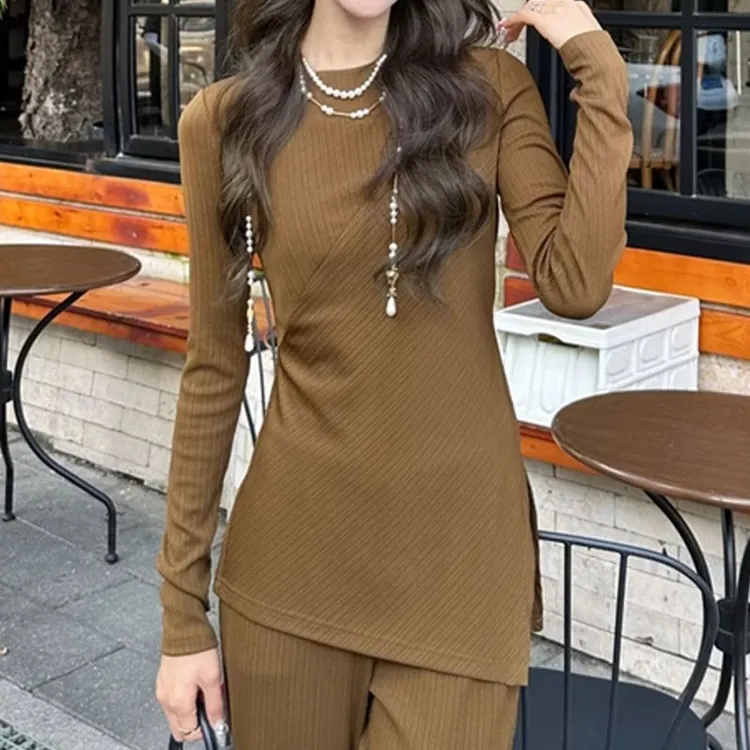 【商场同款】2025新款休闲百搭圆领长袖T恤修身显瘦休闲裤套装女装