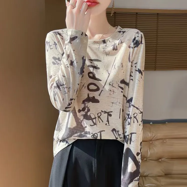 显瘦2025夏季女士扎染印花休闲圆领长袖打底衫针织衫上衣女夏薄