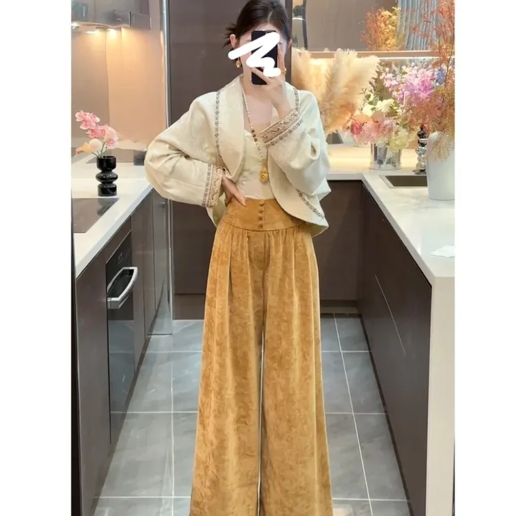 精致优雅国风套装女2025秋冬新款新中式提花短外套阔腿裤两件套