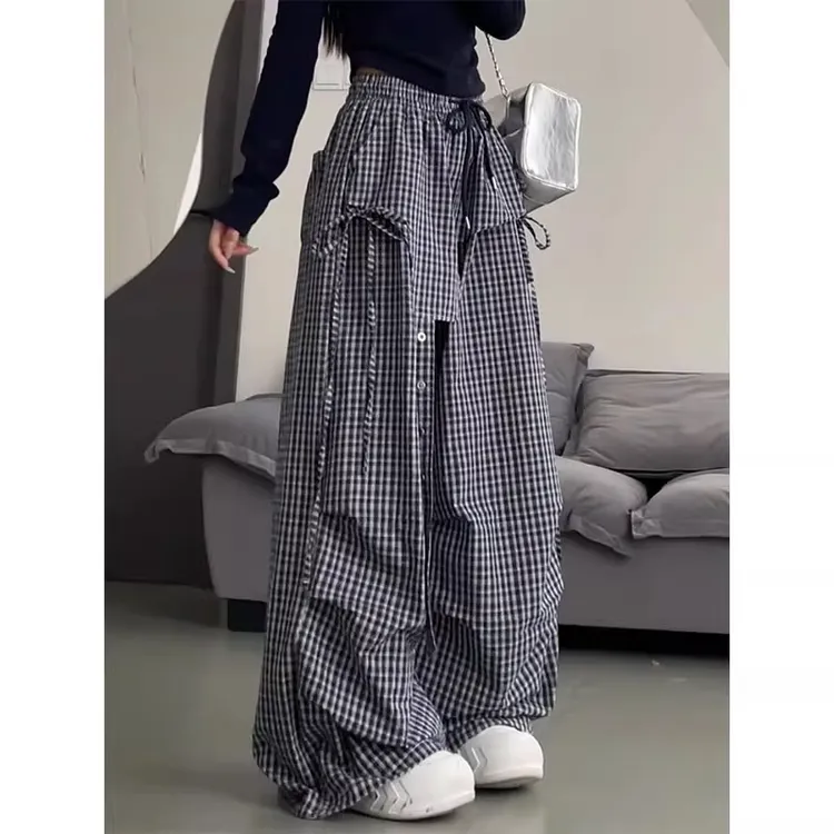 美式屁帘格子工装裤夏薄款设计感高腰显瘦垂感休闲宽松运动阔腿裤