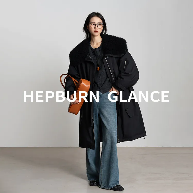 HG/率性姿态_可拆山羊绒海军领廓形长款派克服大衣女90鹅绒羽绒服
