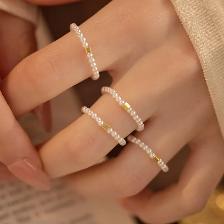 S925银施家小珍珠戒指女简约小众极细串珠叠戴