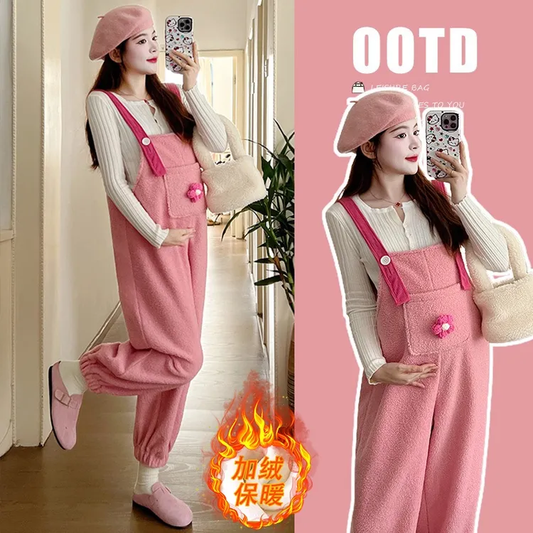 {糖糖}孕妇装秋冬新款时尚韩版休闲直筒背带裤百搭针织上衣两件套