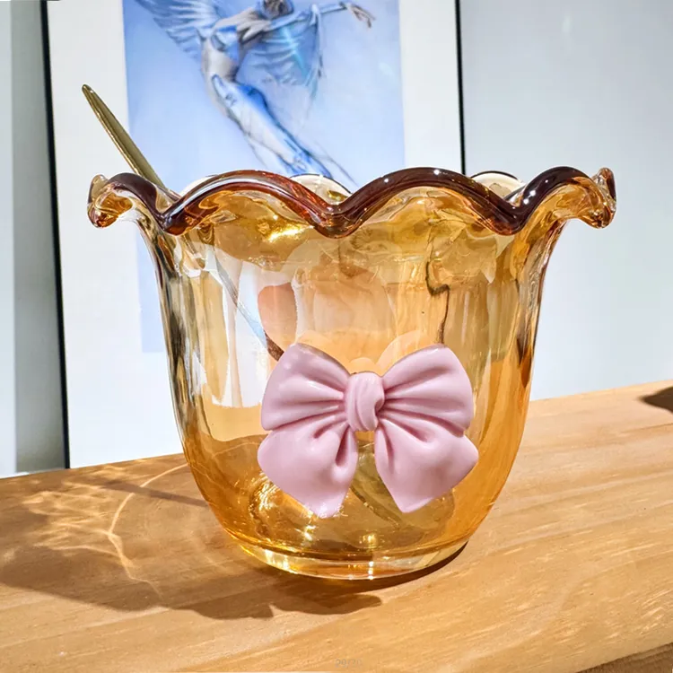 轻奢法式玻璃碗蝴蝶结沙拉碗冰淇淋甜品碗玻璃水杯牛奶豆浆燕麦杯