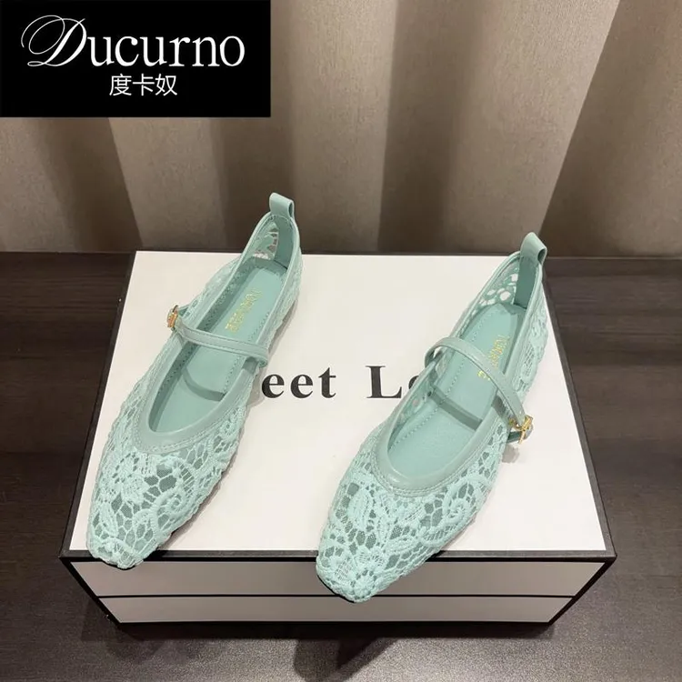 DUCURNO 蕾丝网纱凉鞋女2025春夏新款小众一字带软底方头浅口女鞋