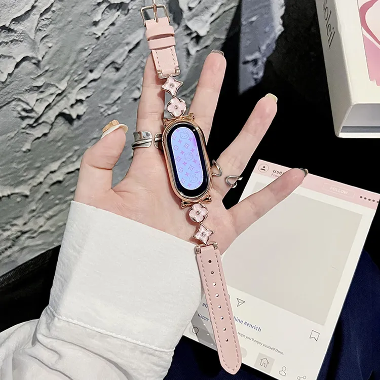 适用小米手环10表带9陶瓷版四叶草金属真皮表链8NFC时尚个性腕带