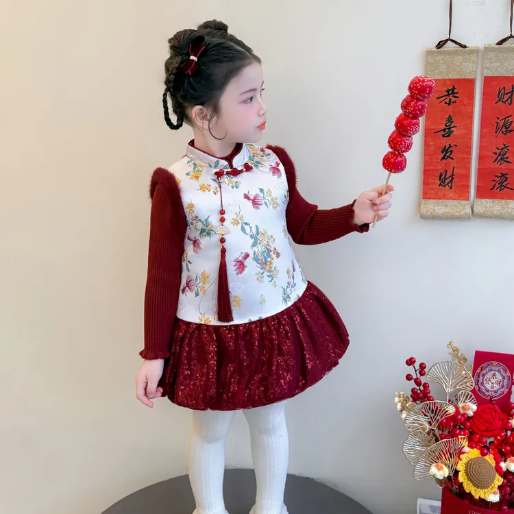 女童背心裙毛衣拜年服新款洋气时尚儿童夹棉加厚公主背心裙两件套