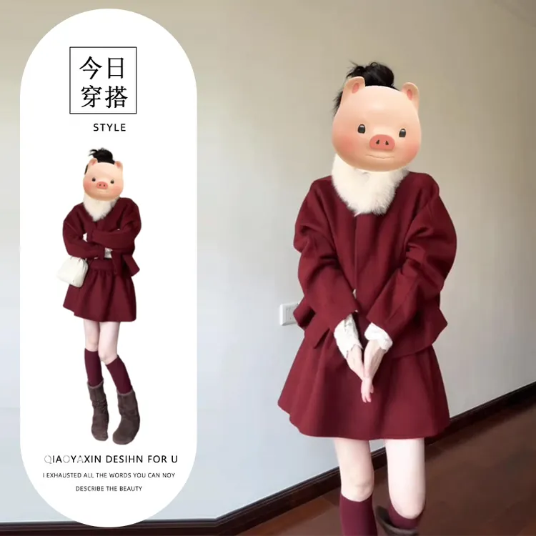 今年流行穿搭一整套红色短款毛呢外套a字半身裙法式高级感两件套