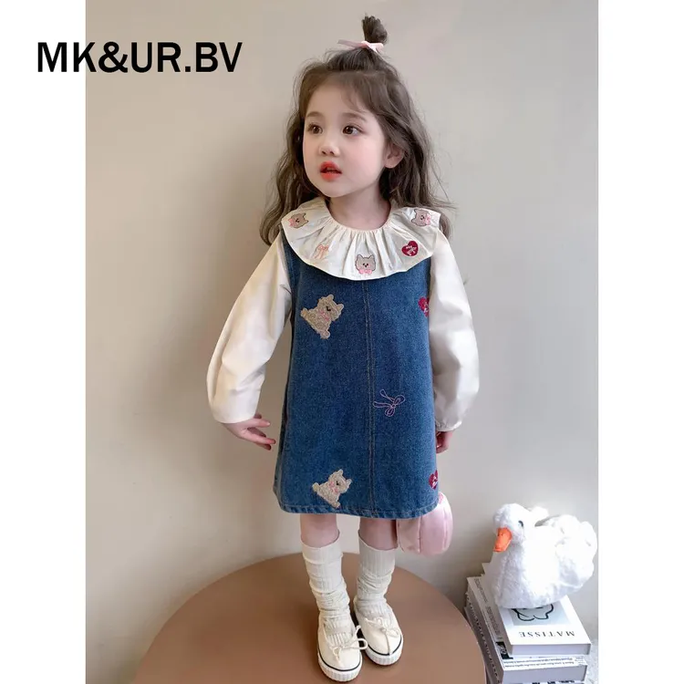 MK&UR.BV女童秋装连衣裙2025新款洋气儿童秋季牛仔娃娃领公主裙子