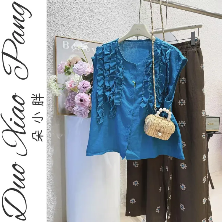 加袖版大码娃娃衫女上衣夏季短袖衬衫宽松遮肚子洋气小衫97402