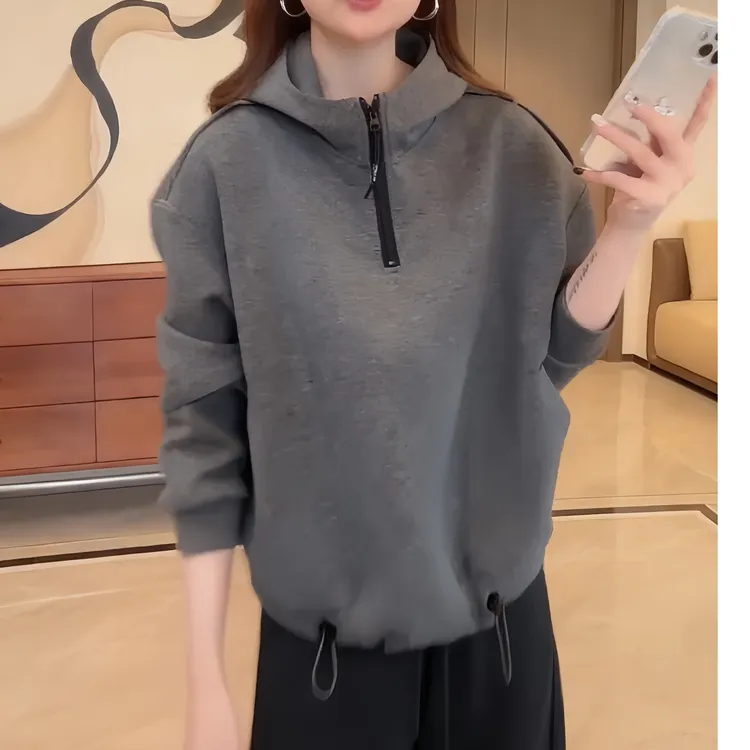 2025秋冬新款简约宽松减龄小众百搭小个子线条半拉链连帽卫衣女潮