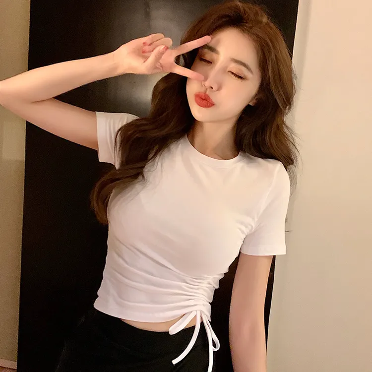 白色短袖t恤女短款修身ins潮网红95棉2025新款紧身绑带抽绳上衣夏