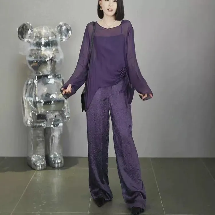 秋装搭配一整套高级感气质简约薄款长袖T恤女高腰垂感宽松阔腿裤