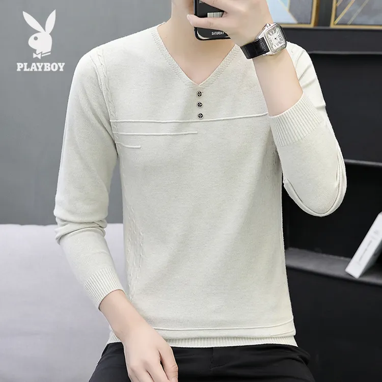 花花公子男士薄款V领针织衫青年薄款毛衣纯色休闲帅气打底衫卫衣