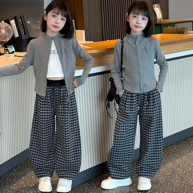 女童春秋季2025新款女大童时髦针织开衫套装小女孩秋款格子阔腿裤