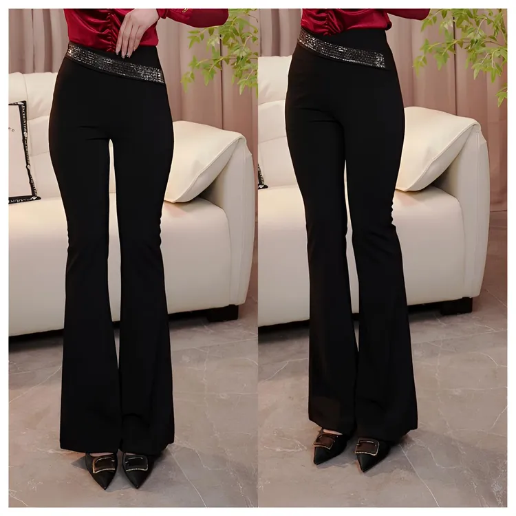 2025春季高腰斜边烫钻设计感百搭时尚垂感微喇叭裤马蹄拖地长裤