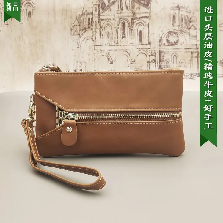 潮流百搭疯马手抓包拉链挂钩纯色复古风短款钥匙包真皮简约棕色包