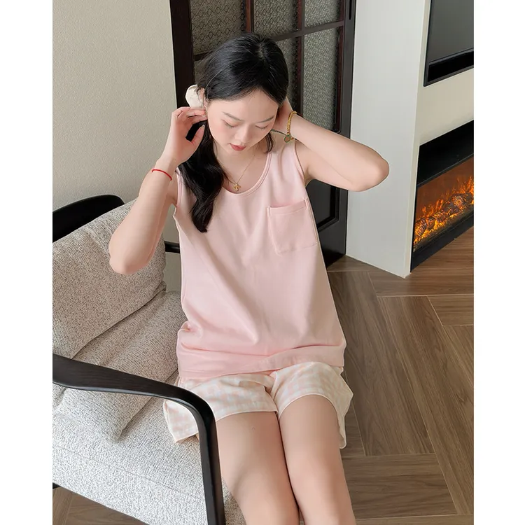 2025年新款带胸垫一体睡衣女夏季纯棉薄款无袖坎肩背心家居服套装