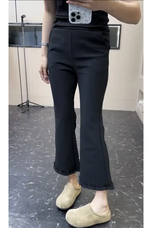 秋季新款时尚休闲裤女2025大码显瘦遮肉修身百搭花边九分微喇裤