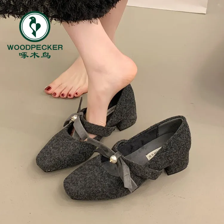 啄木鸟粗跟法式蝴蝶结珍珠毛呢玛丽珍鞋女2025秋冬款百搭气质单鞋