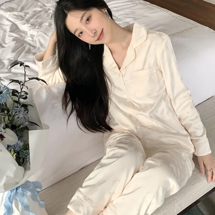 春秋新款冰丝提花加绒加厚睡衣女长袖长裤奢华高贵家居服冬季