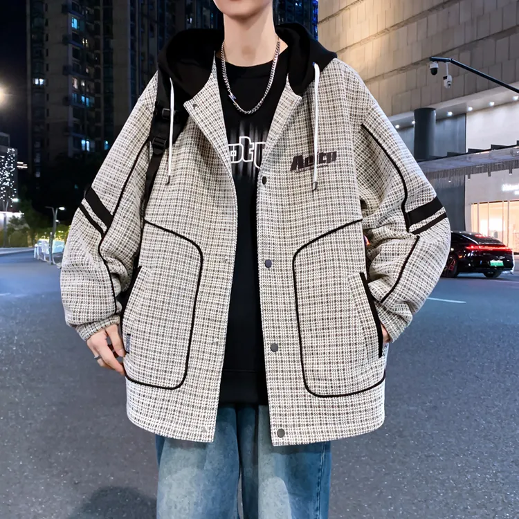 春秋男生潮流美式印花新款长袖外套开衫秋款格子休闲宽松连帽夹克