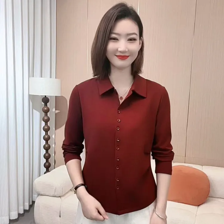 2025秋季时尚洋气新款简约翻领纽扣纯色休闲气质百搭上衣P9033