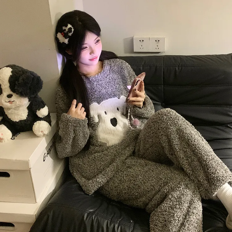 2025新款毛绒小狗珊瑚绒睡衣女士秋冬季加绒加厚保暖法兰绒家居服