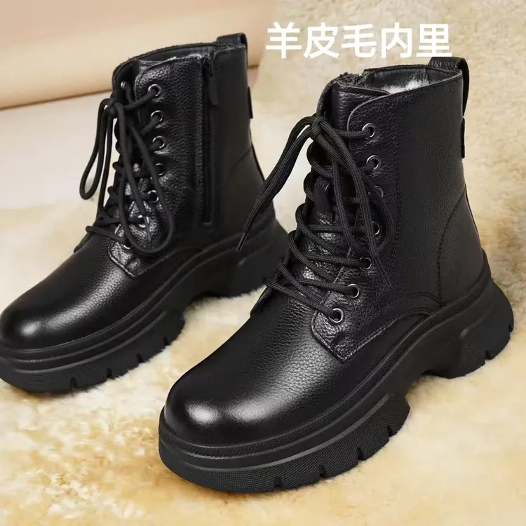 冬季女款羊皮毛内里真皮高帮马丁靴加厚保暖防滑耐磨厚底