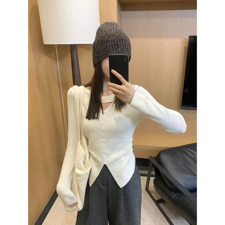 韩系轻熟风镂空V领长袖针织衫女设计感褶皱收腰气质T恤6885#0.15