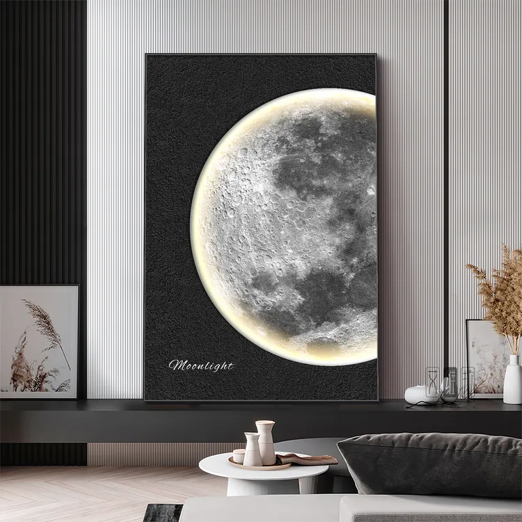 黑白简约月球装饰画现代简约风格客厅装饰画沙发背景墙挂画玄关画
