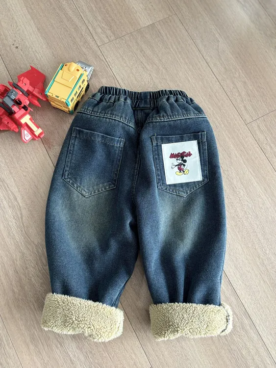 2025儿童加绒牛仔裤冬季加厚羊驼绒卡通图案一体绒米奇韩版男女童