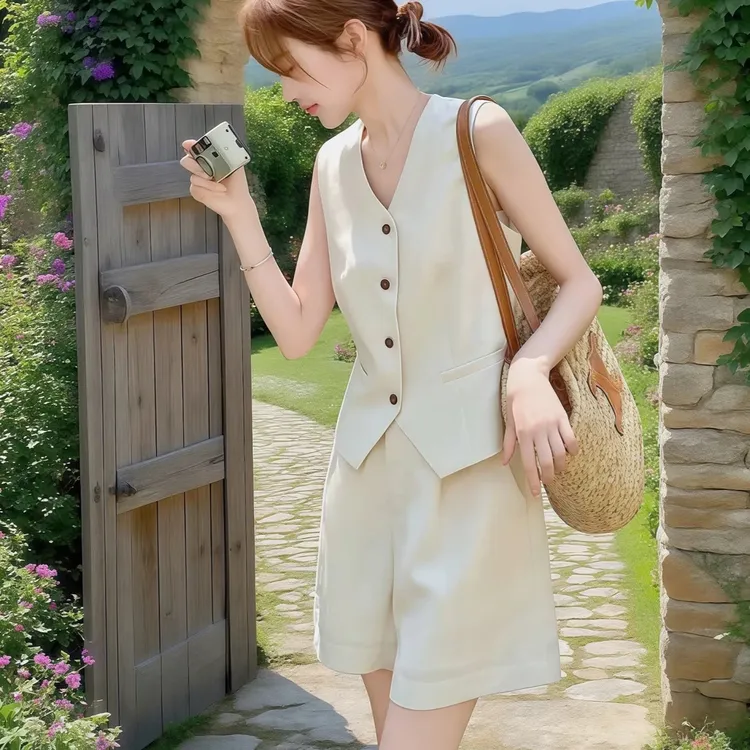 高级感老钱风亚麻马甲短裤两件套装女2025夏季大方得体穿搭一整套