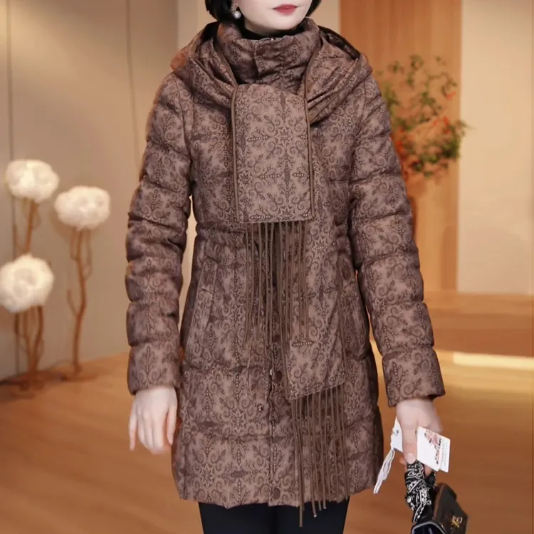 精致时尚花色加厚气质连帽可拆棉服2025冬季新款女士减龄保暖外套