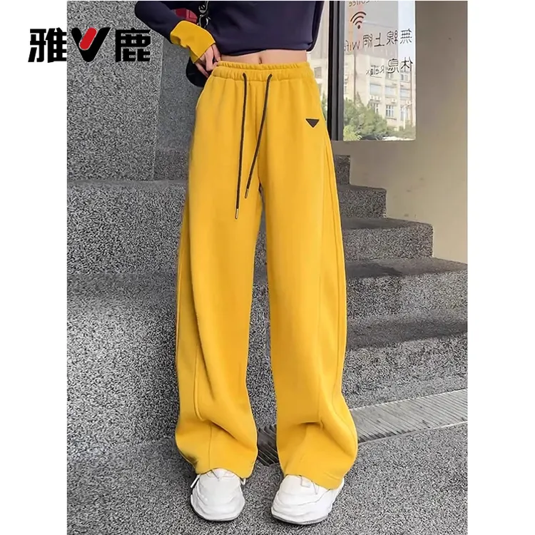 雅鹿黄色阔腿休闲卫裤女2025春秋季新款宽松显瘦抽绳垂感香蕉长裤