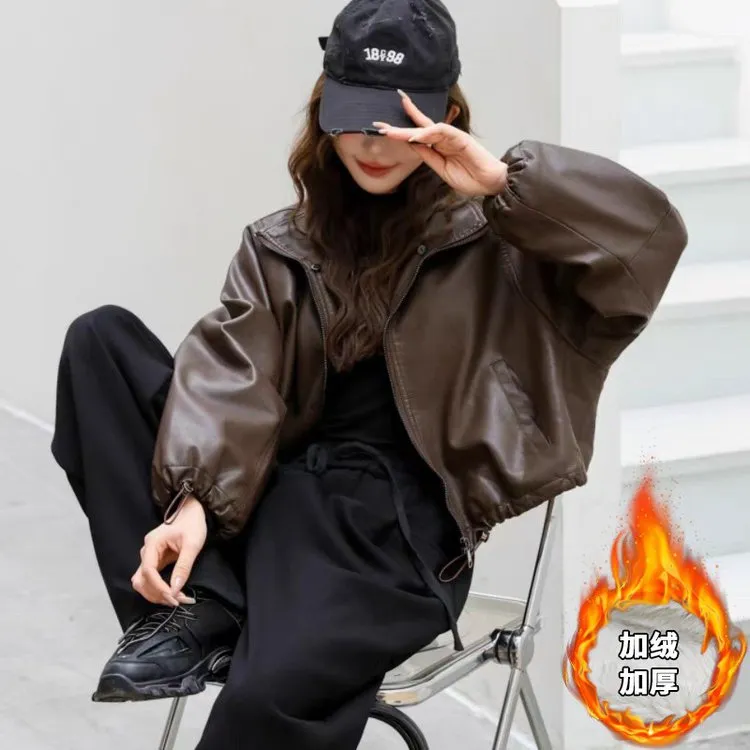 雅鹿优选皮衣女百搭加绒短款漂亮女生时尚韩版流行气质外套秋冬季