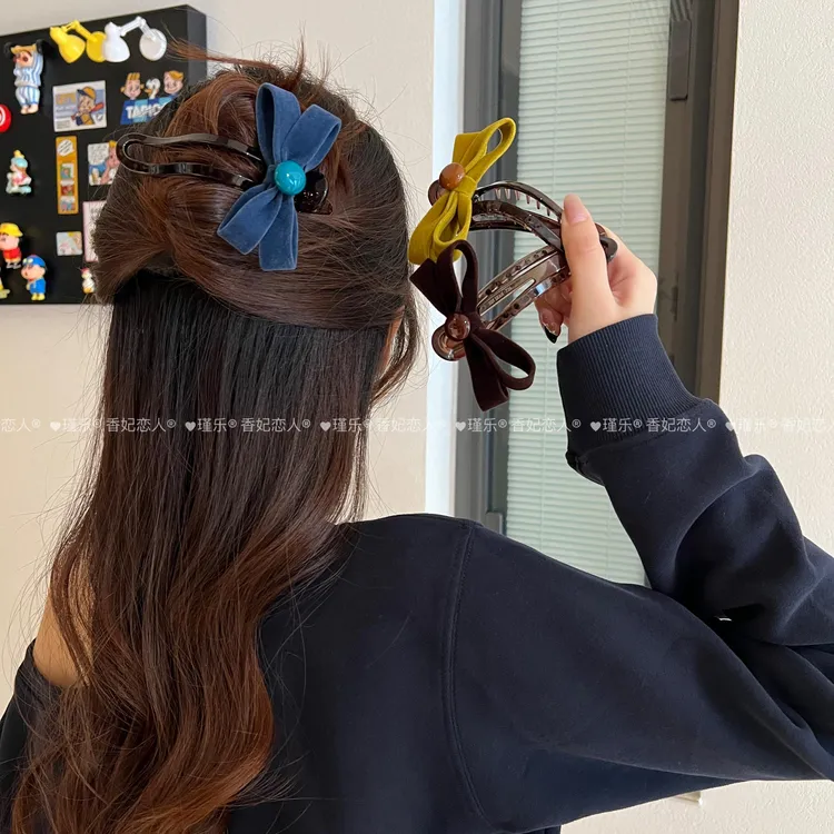 瑾乐甜美丝绒蝴蝶结鸭嘴夹发夹女后脑勺盘发一字夹头饰 新款发卡