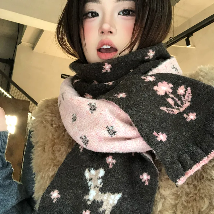 可爱小鹿提花双面针织围巾女冬韩系保暖加厚百搭围脖2025新款学生