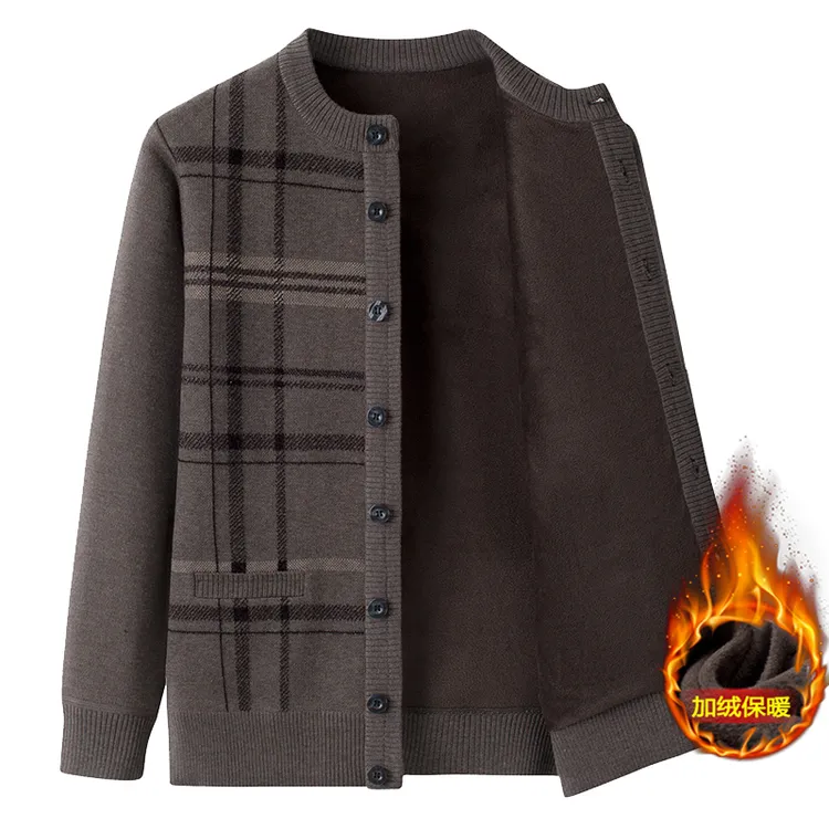 秋冬中老年男士加绒毛衣开衫爸爸加厚针织衫外套爷爷圆领保暖衣服