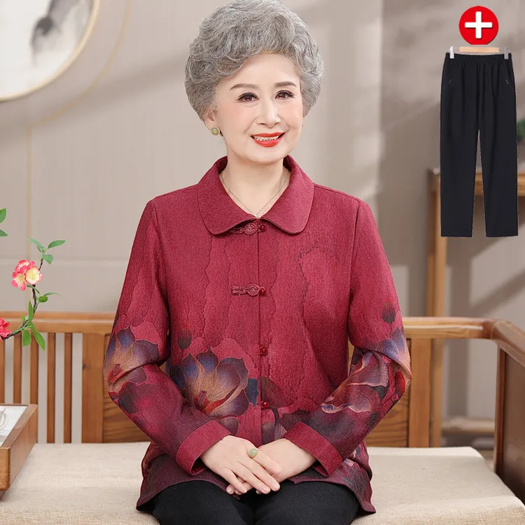 老年人春秋女奶奶长袖翻领衬衫中老年妈妈秋季衬衣老太太气质上衣