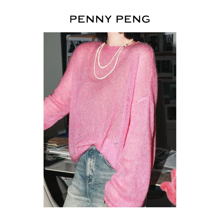 PENNYPENG 早秋甜美百搭宽松桃粉幻纱圆领羊毛套头圆领衫针织毛衣