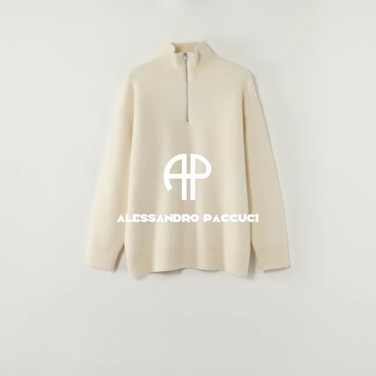 AP洛哥54302ST【奶片】绵羊毛+山羊绒立领半拉链宽松时尚百搭套头衫